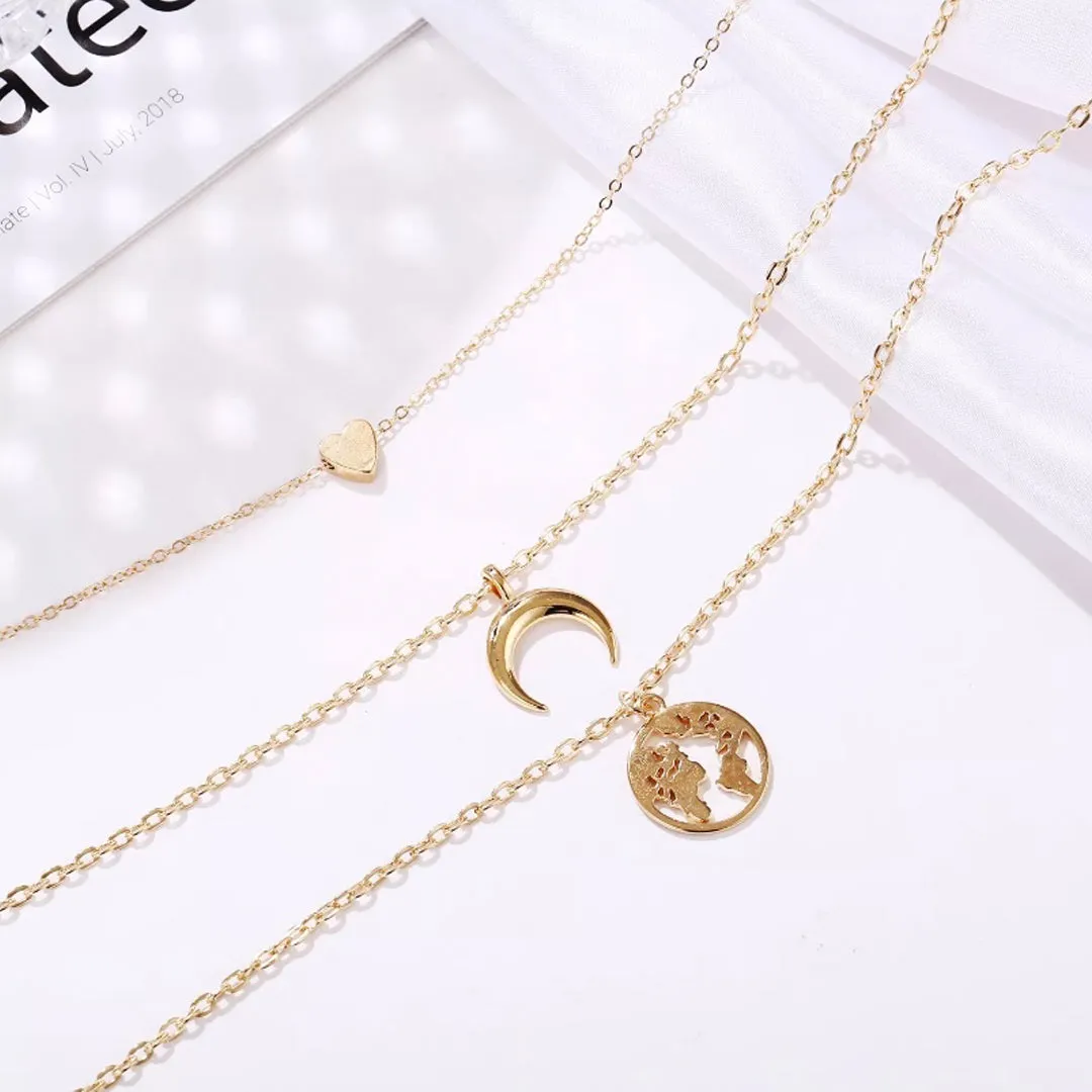 Combo Of 2 Layered Heart Moon Earth & Butterfly Pendant
