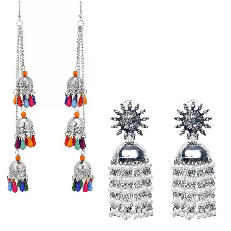 Combo of 2 Multicolor layered Ghungroo and Chain Linked Jhumki