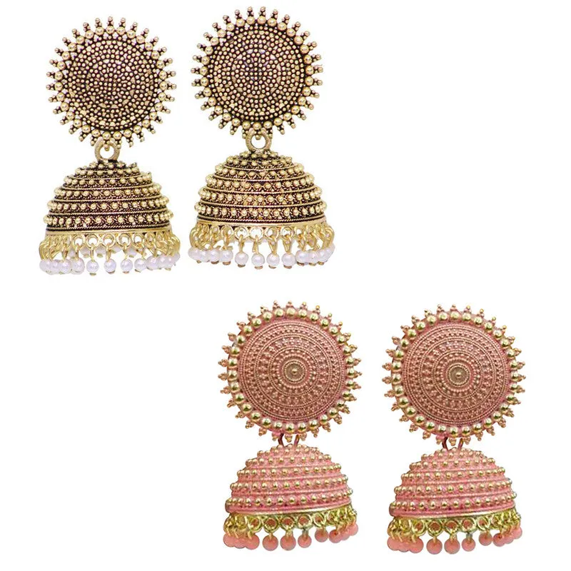 Combo of 2 Peach and Golden Pearls Dome Shape Jhumki