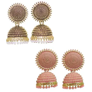 Combo of 2 Peach and Golden Pearls Dome Shape Jhumki