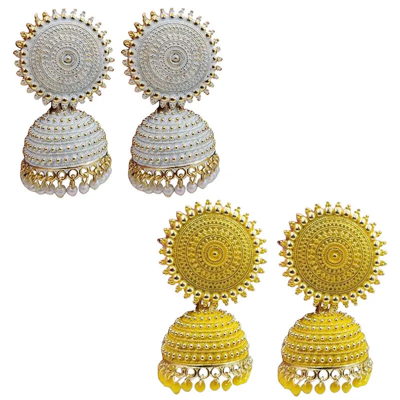 Combo of 2 Yellow and White Pearls Dome Shape Jhumki