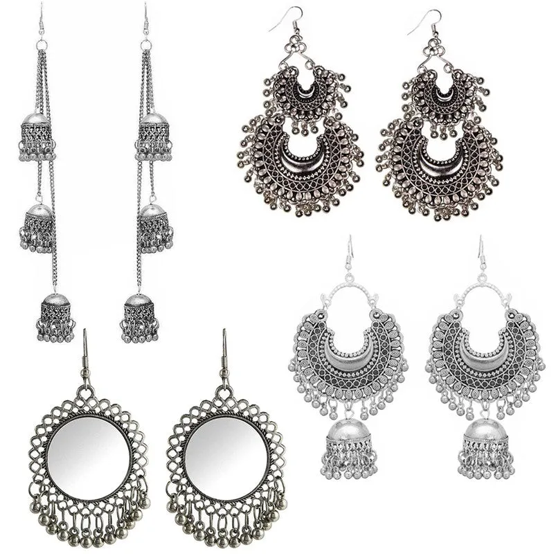 Combo of 4 Oxidized Silver Mirror Hanging Jhumki