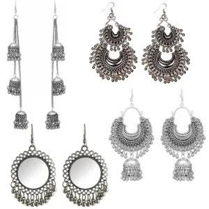 Combo of 4 Oxidized Silver Mirror Hanging Jhumki