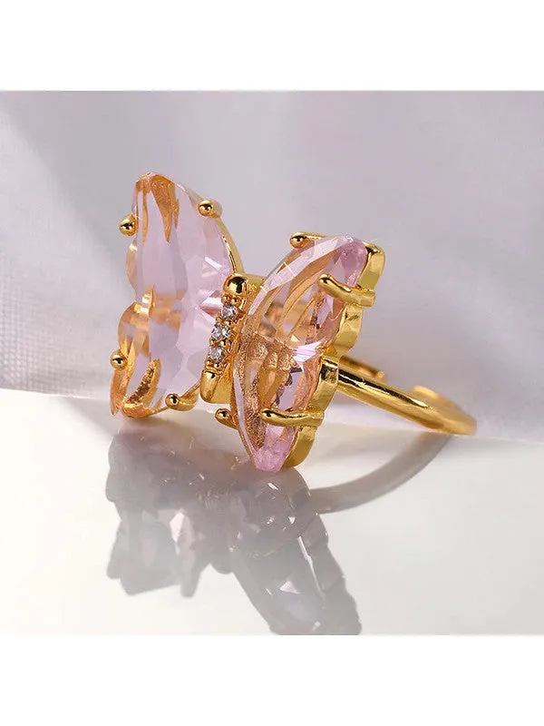 Combo of Pink Crystal Butterfly Pendant With Ring