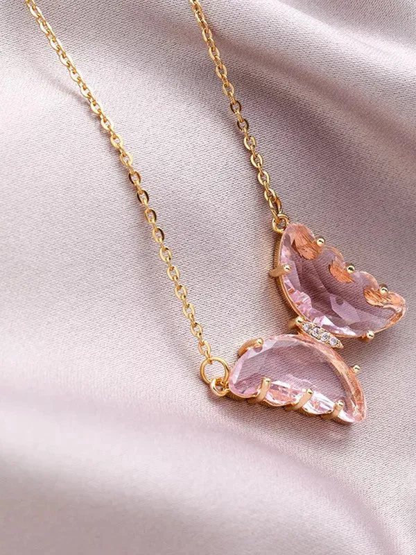 Combo of Pink Crystal Butterfly Pendant With Ring