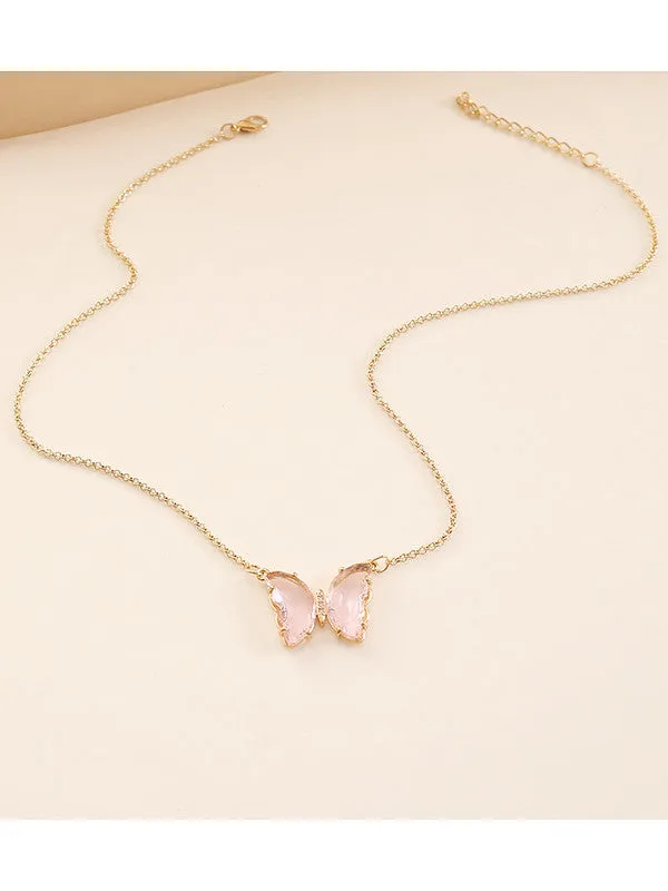 Combo of Pink Crystal Butterfly Pendant With Ring