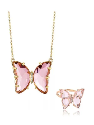 Combo of Pink Crystal Butterfly Pendant With Ring