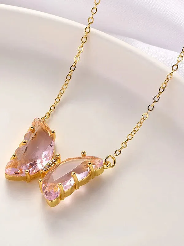 Combo of Pink Crystal Butterfly Pendant With Ring