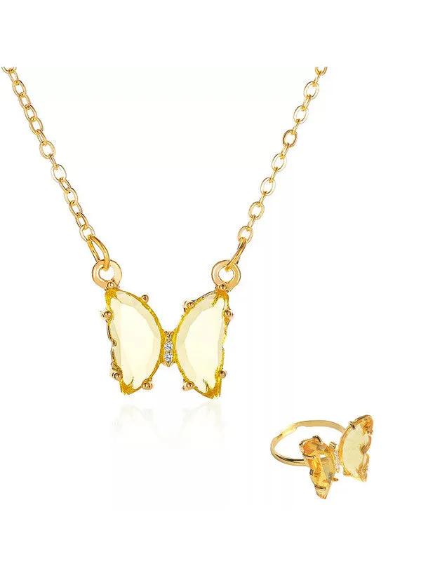 Combo of Yellow Crystal Butterfly Pendant With Ring