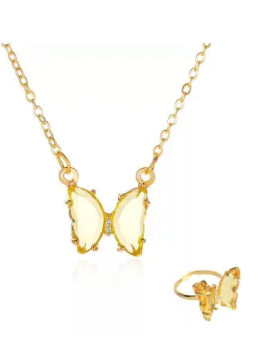 Combo of Yellow Crystal Butterfly Pendant With Ring
