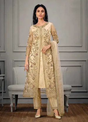 Cream Heavy Embroidered Designer Stylish Pant Suit