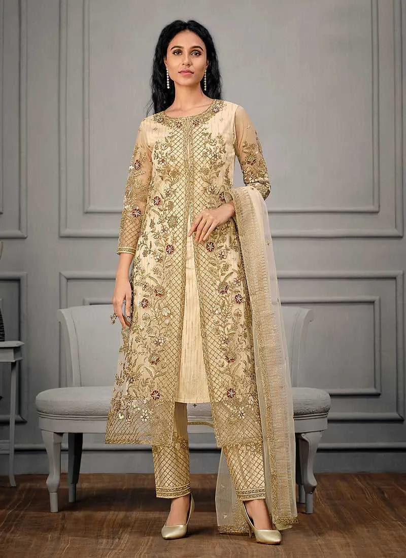 Cream Heavy Embroidered Designer Stylish Pant Suit