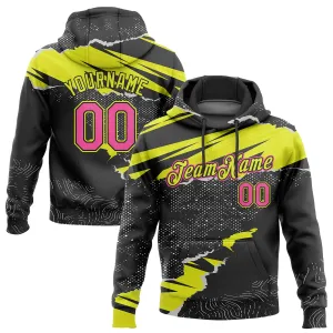 Custom Stitched Black Pink-Neon Yellow 3D Pattern Design Torn Paper Style Sports Pullover Sweatshirt Hoodie