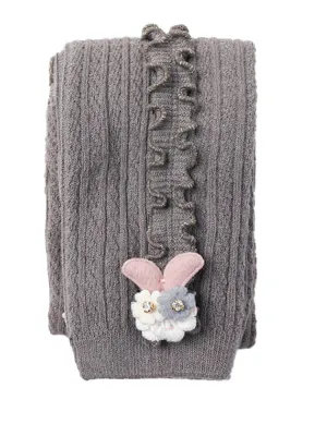 Dark Grey Flower Frills Bunny Footless Girls Tights/ Leggings