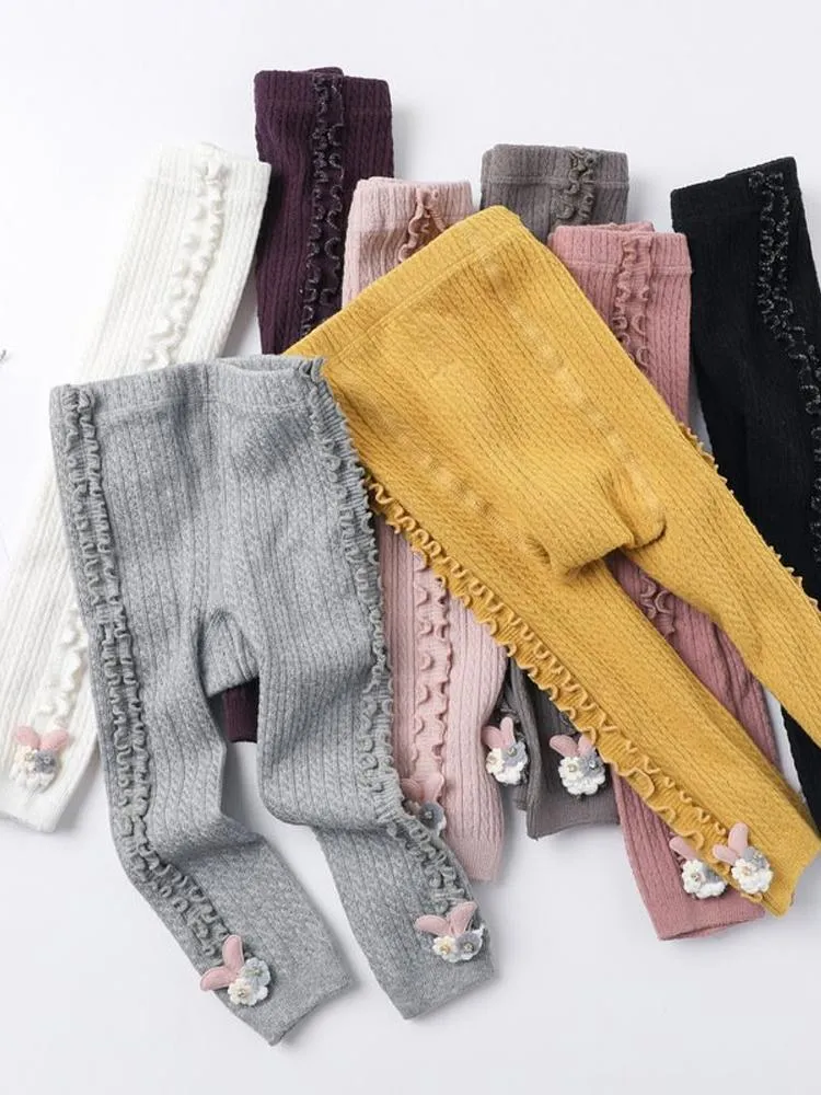 Dark Grey Flower Frills Bunny Footless Girls Tights/ Leggings