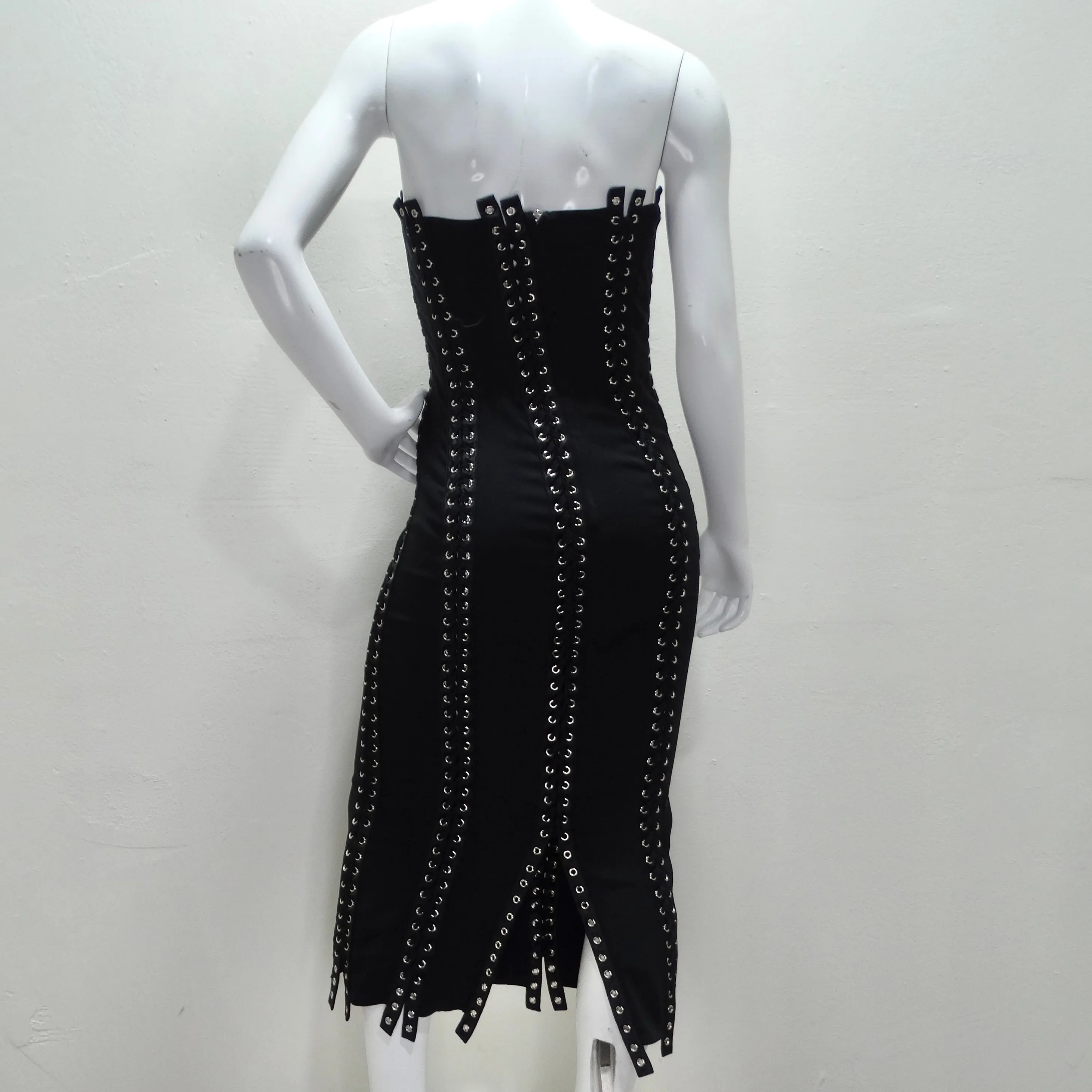 Dolce & Gabanna Black Strapless Eyelet Lace Up Bodycon Dress