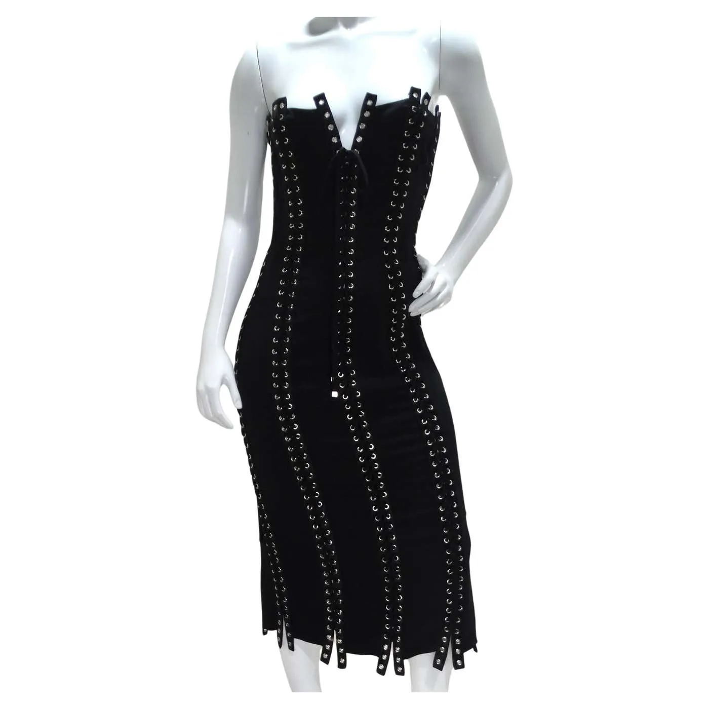 Dolce & Gabanna Black Strapless Eyelet Lace Up Bodycon Dress