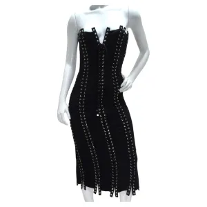 Dolce & Gabanna Black Strapless Eyelet Lace Up Bodycon Dress