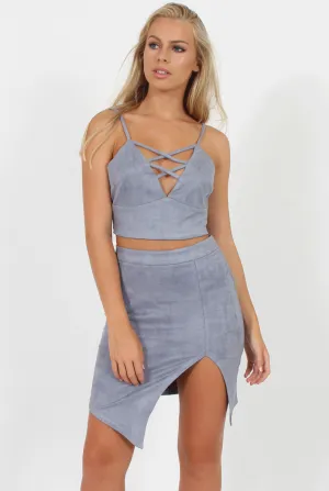 Dusty Blue Lattice Crop Suede Co-ord - Freya