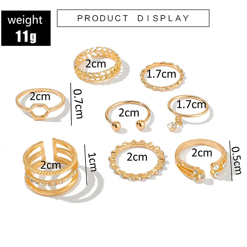 Eight Piece Crystal Drop Heart Multi Designs Ring Set
