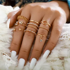 Eight Piece Crystal Drop Heart Multi Designs Ring Set