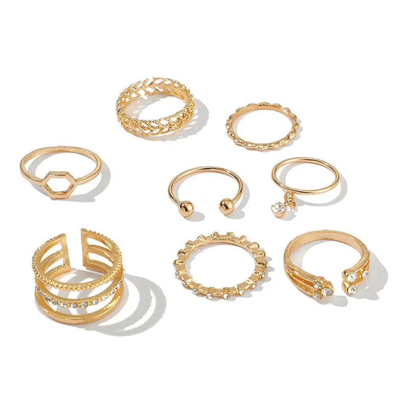 Eight Piece Crystal Drop Heart Multi Designs Ring Set