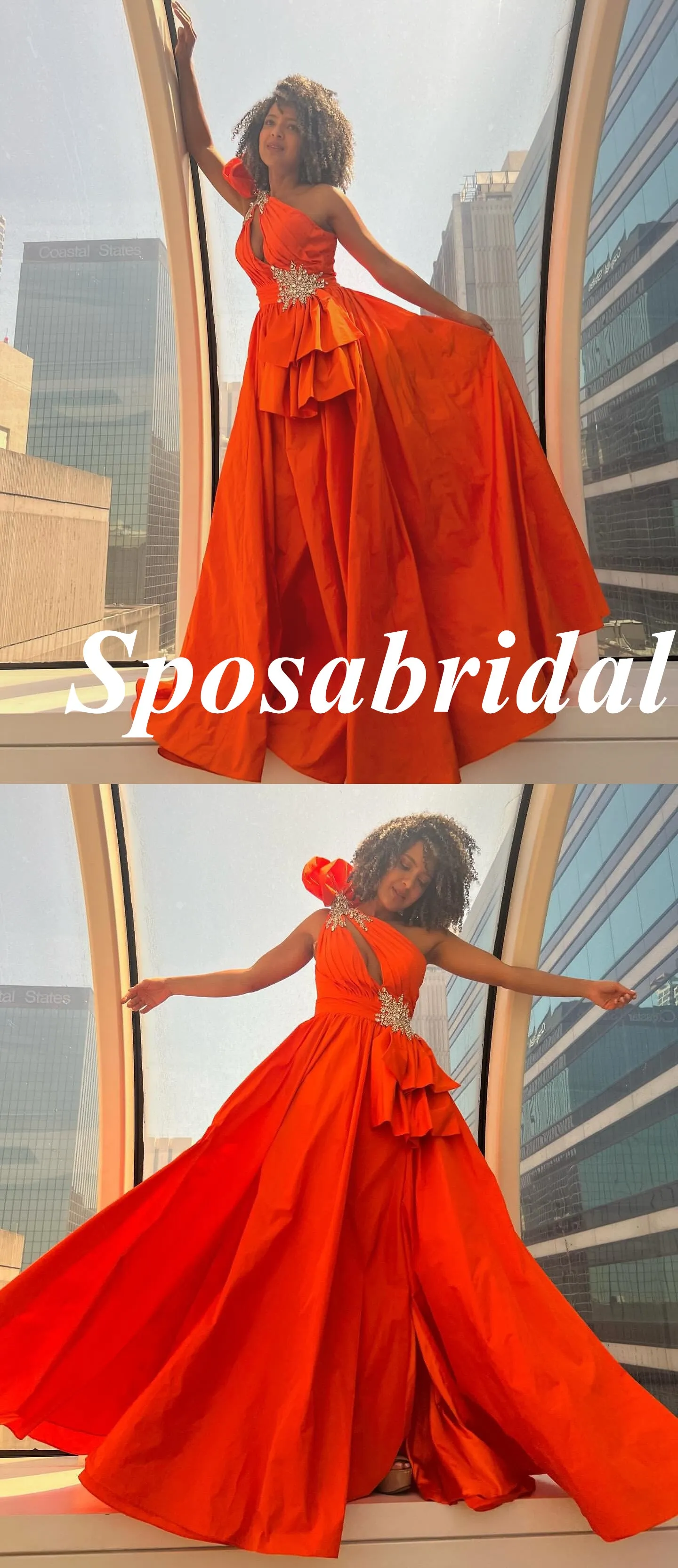 Elegant One Shoulder Sleeveless Side Slit A-Line Long Prom Dresses With Rhinestone, PD3919