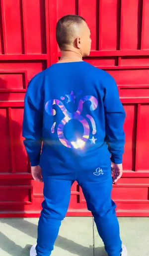F.A. Unisex Signature Taurus Zodiac Crewneck Sweater (Royal Blue & Holographic)
