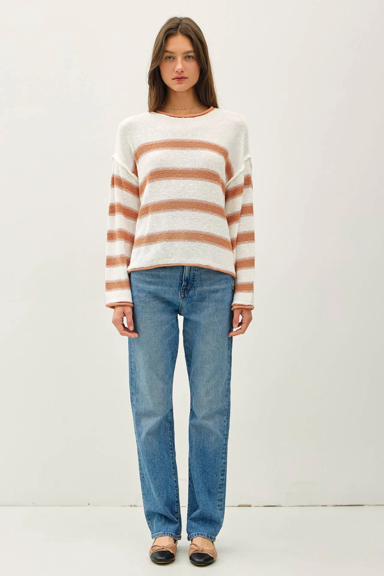 FLOWY STRIPED SWEATER W ACCENT COLOR: Poppy