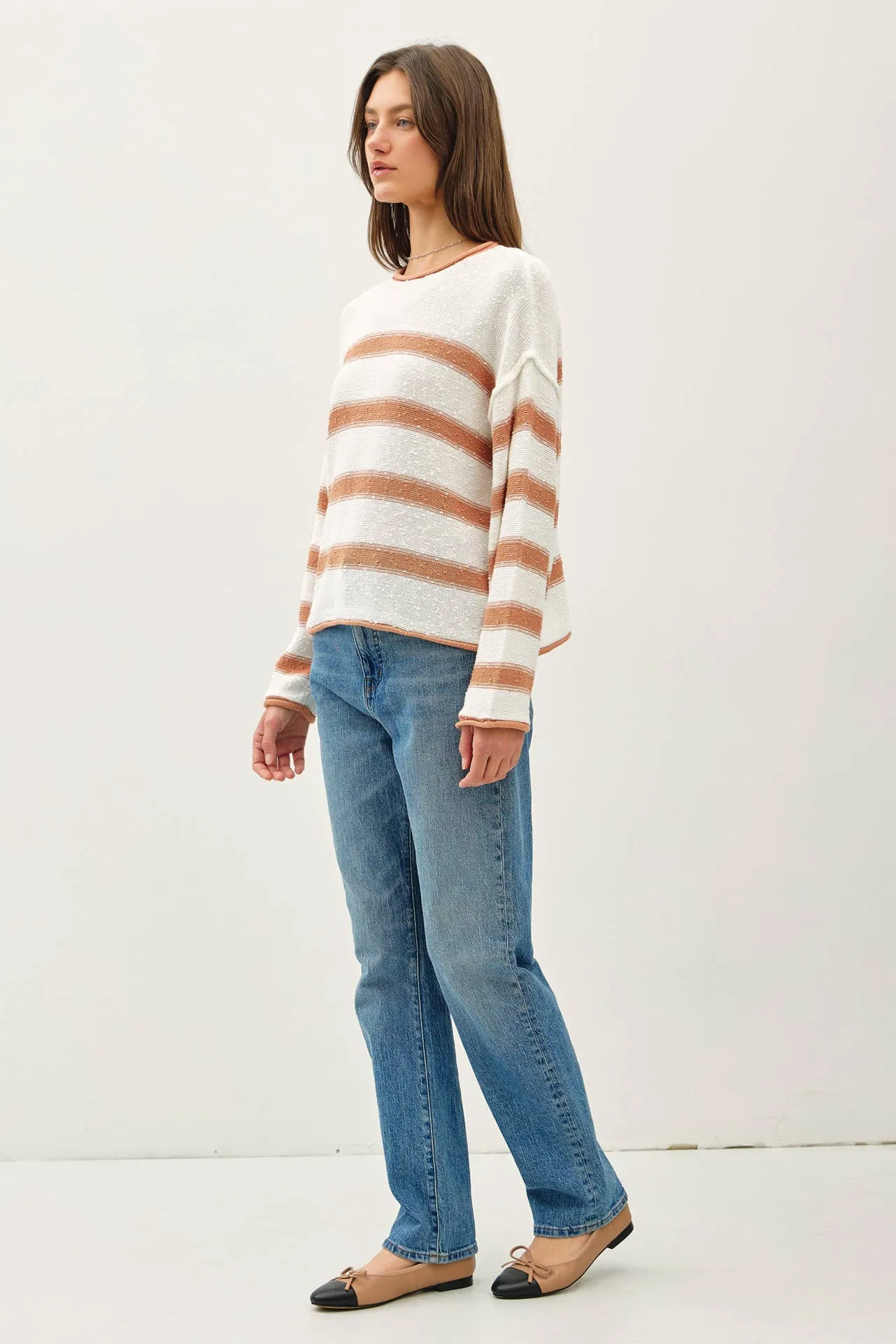 FLOWY STRIPED SWEATER W ACCENT COLOR: Poppy