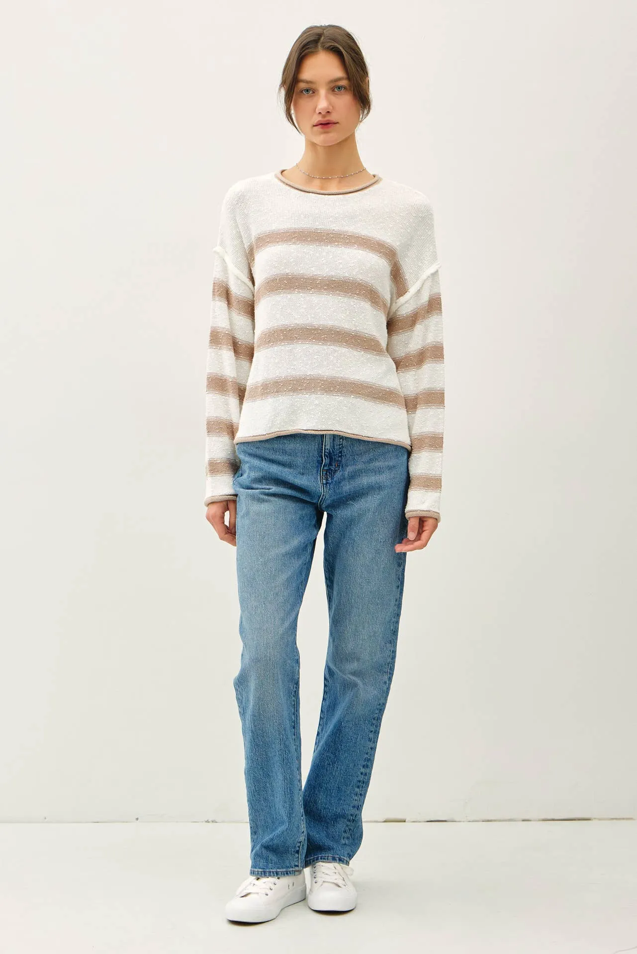 FLOWY STRIPED SWEATER W ACCENT COLOR: Poppy