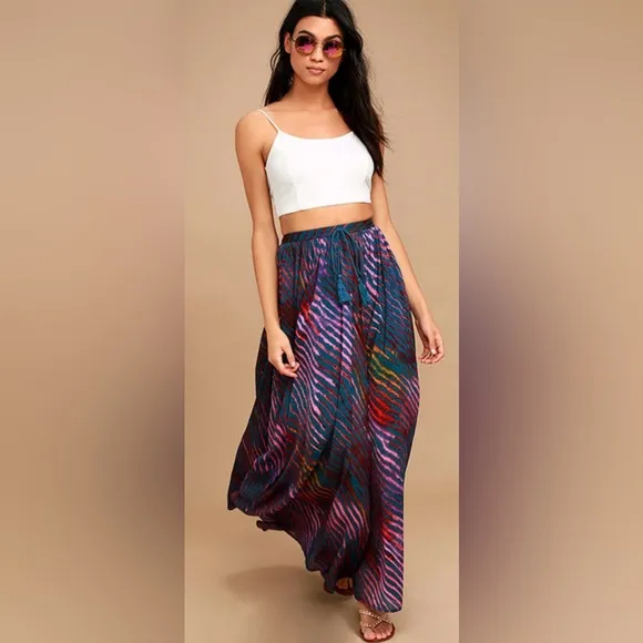 Free People True to You Navy Blue Print Maxi Skirt Size S
