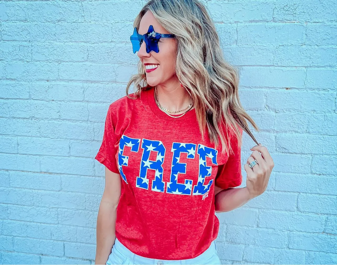 {FREE} Red   Blue Glitter Stars Red Crew Neck Tee