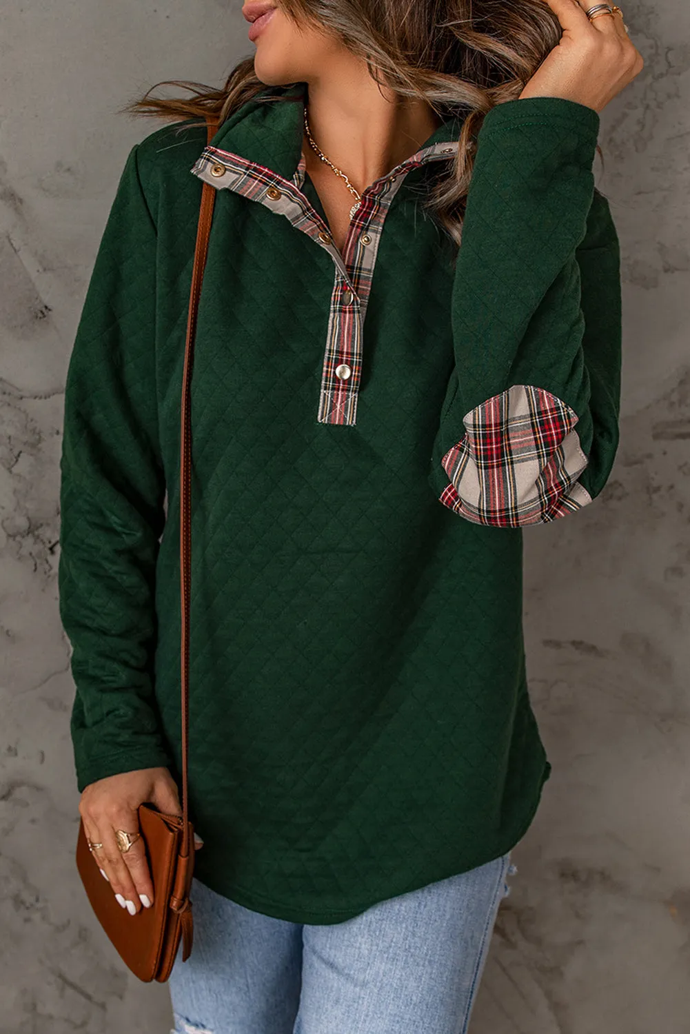 Geometric Texture Plaid Trim Sweatshirt