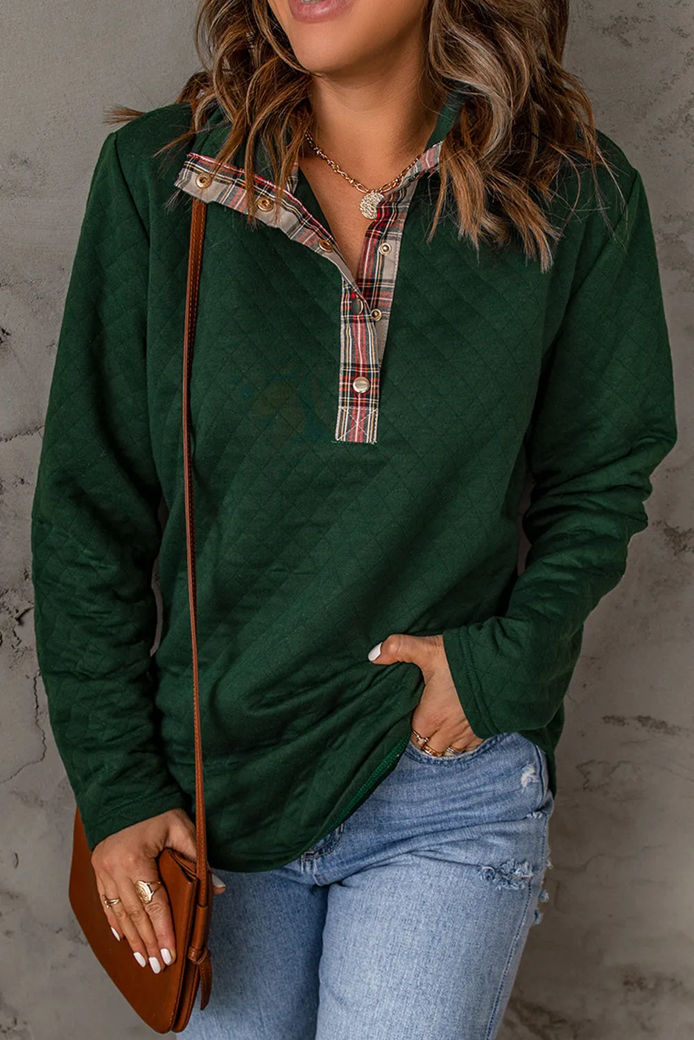 Geometric Texture Plaid Trim Sweatshirt