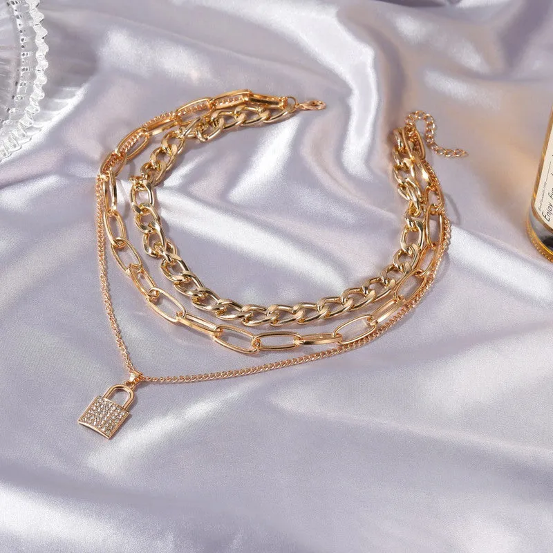Golden Layered Chunky Chain Studded Lock Pendant