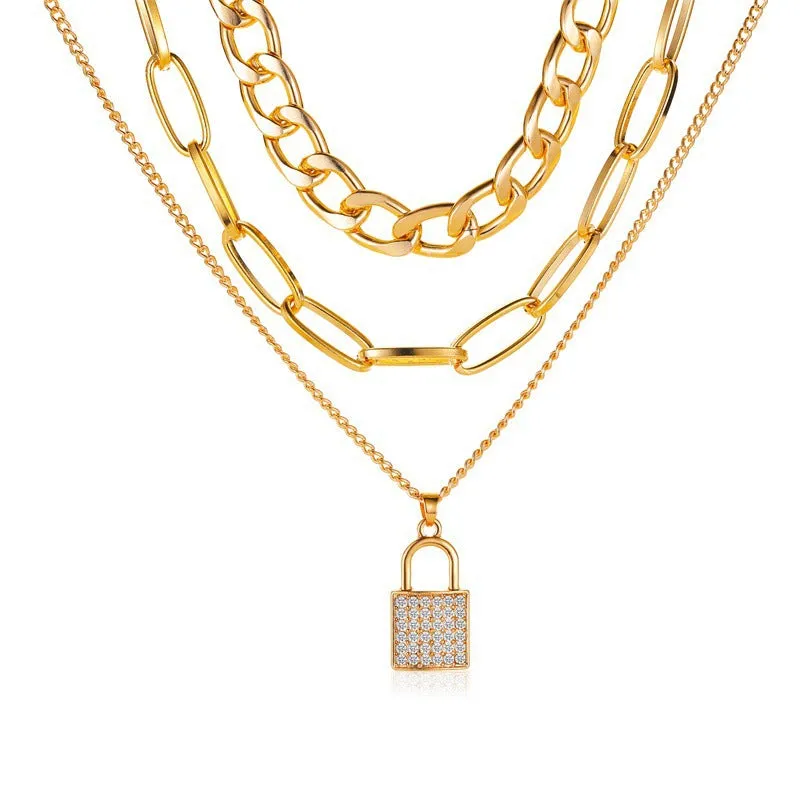 Golden Layered Chunky Chain Studded Lock Pendant