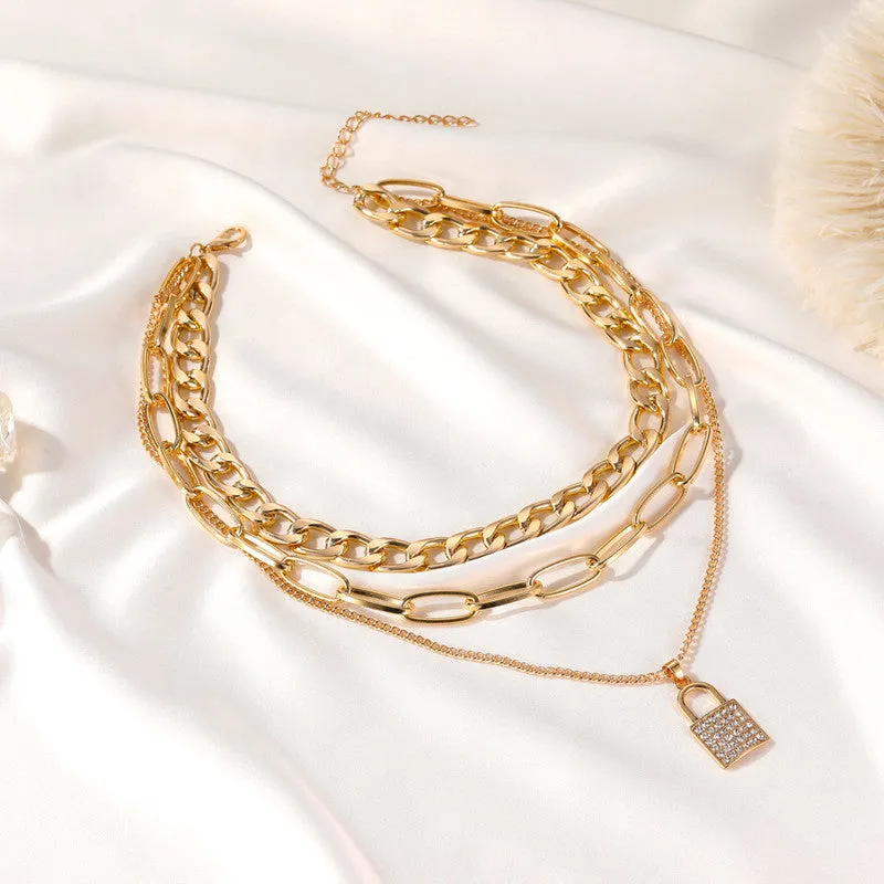 Golden Layered Chunky Chain Studded Lock Pendant