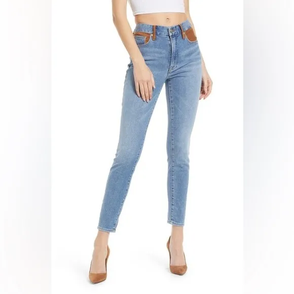 Good American Indigo High Rise Slim Fit Skinny Jean Faux Suede Accents Western
