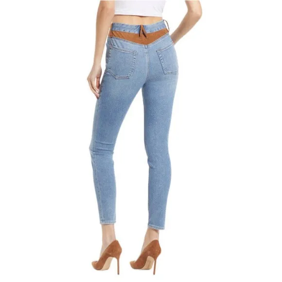 Good American Indigo High Rise Slim Fit Skinny Jean Faux Suede Accents Western