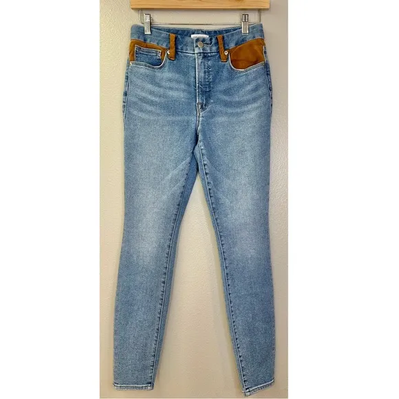 Good American Indigo High Rise Slim Fit Skinny Jean Faux Suede Accents Western
