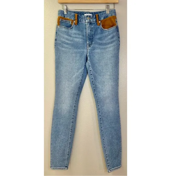 Good American Indigo High Rise Slim Fit Skinny Jean Faux Suede Accents Western