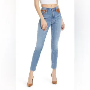 Good American Indigo High Rise Slim Fit Skinny Jean Faux Suede Accents Western