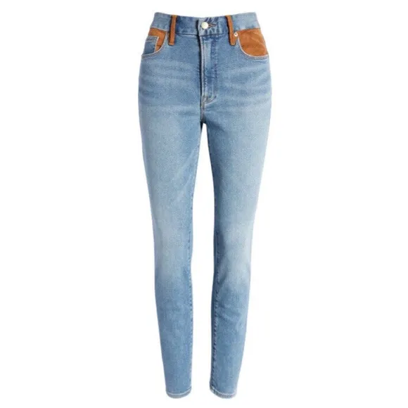Good American Indigo High Rise Slim Fit Skinny Jean Faux Suede Accents Western