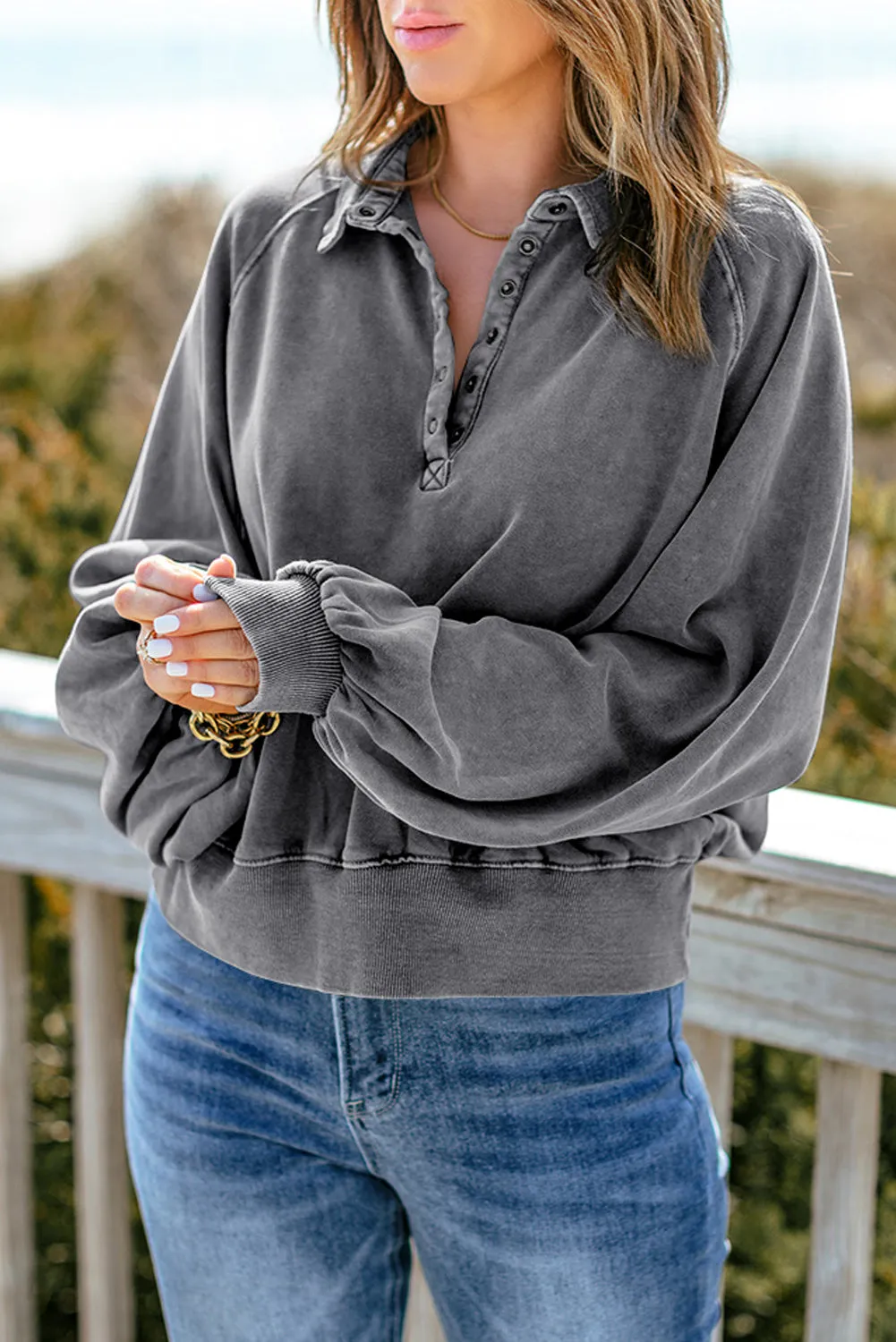 Gray Lantern Sleeve Pullover Sweatshirt