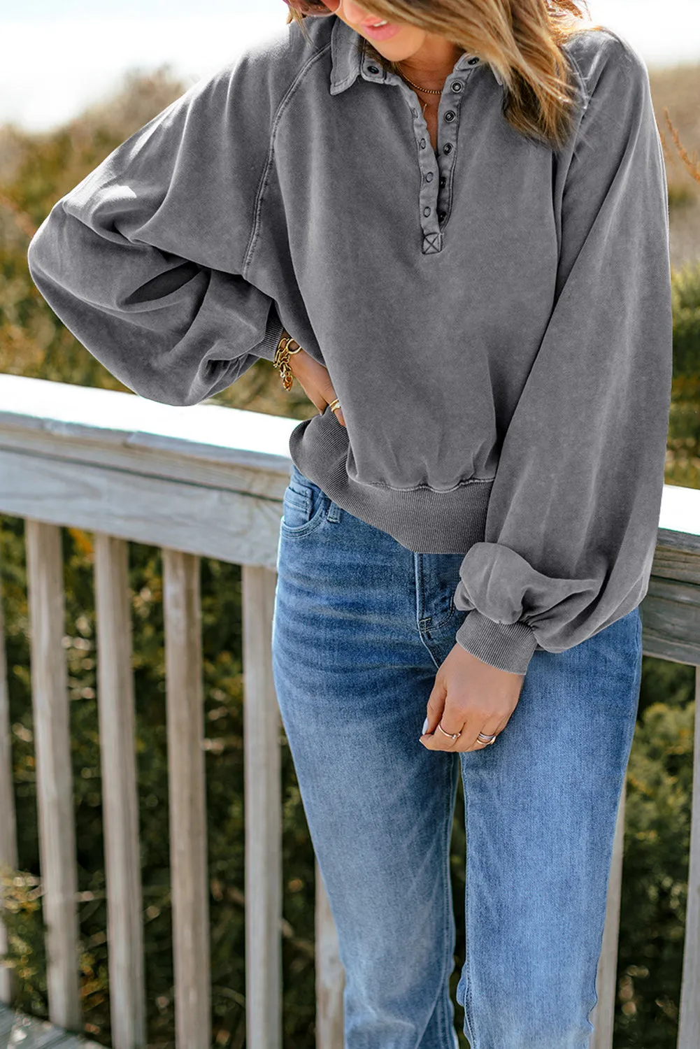 Gray Lantern Sleeve Pullover Sweatshirt