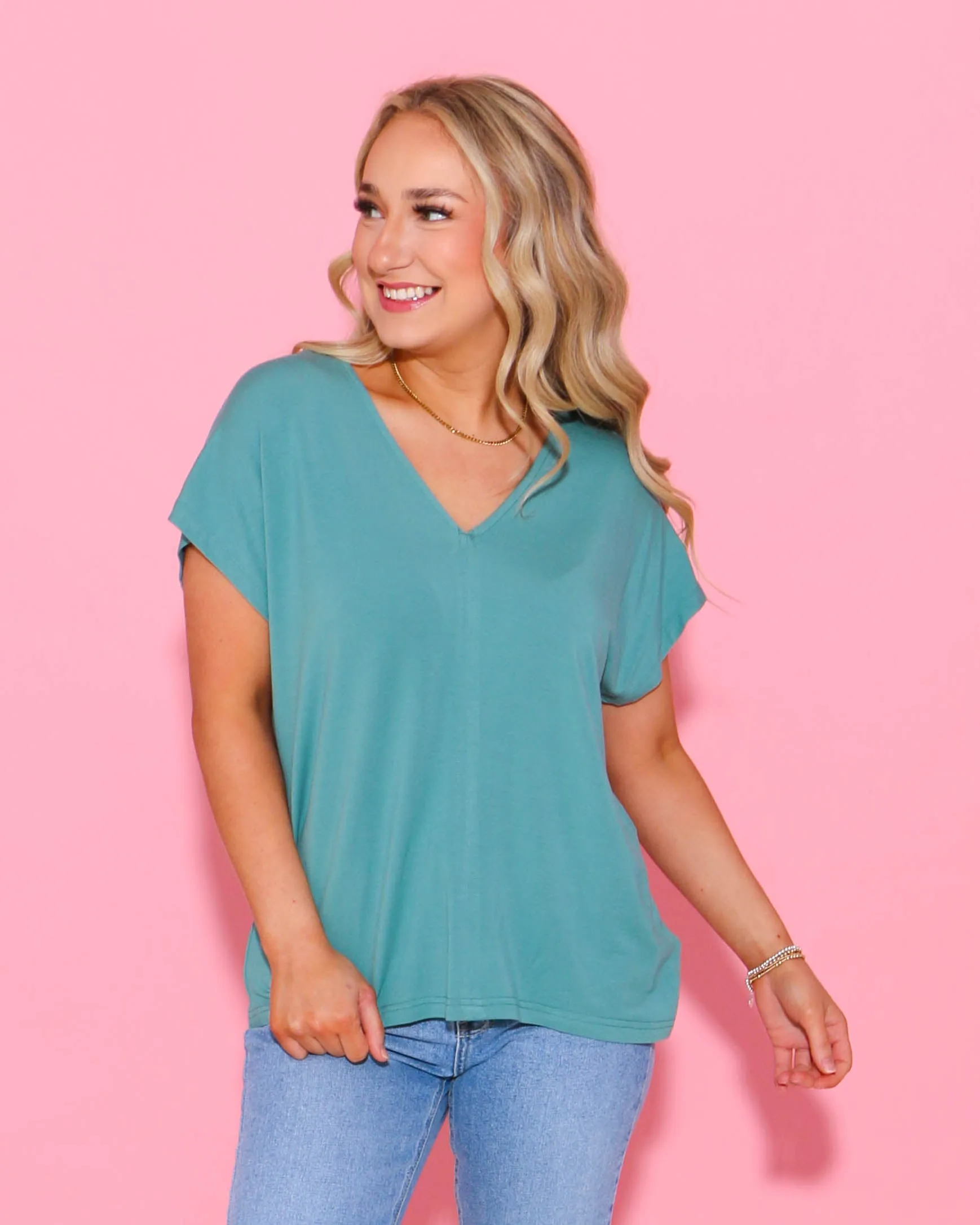 Green Buttery Soft Solid V-neck Top