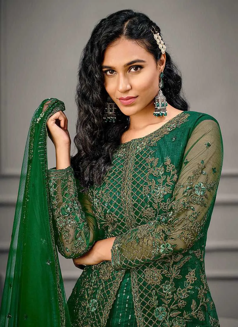 Green Heavy Embroidered Designer Stylish Pant Suit