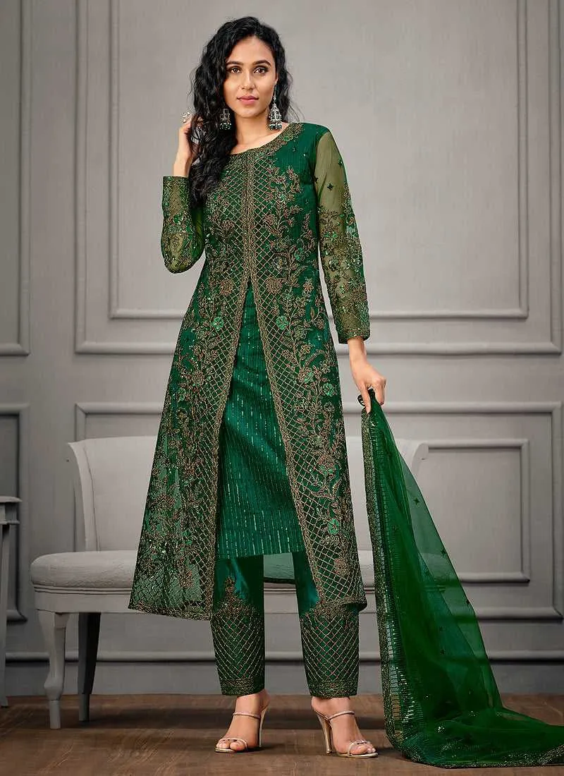 Green Heavy Embroidered Designer Stylish Pant Suit