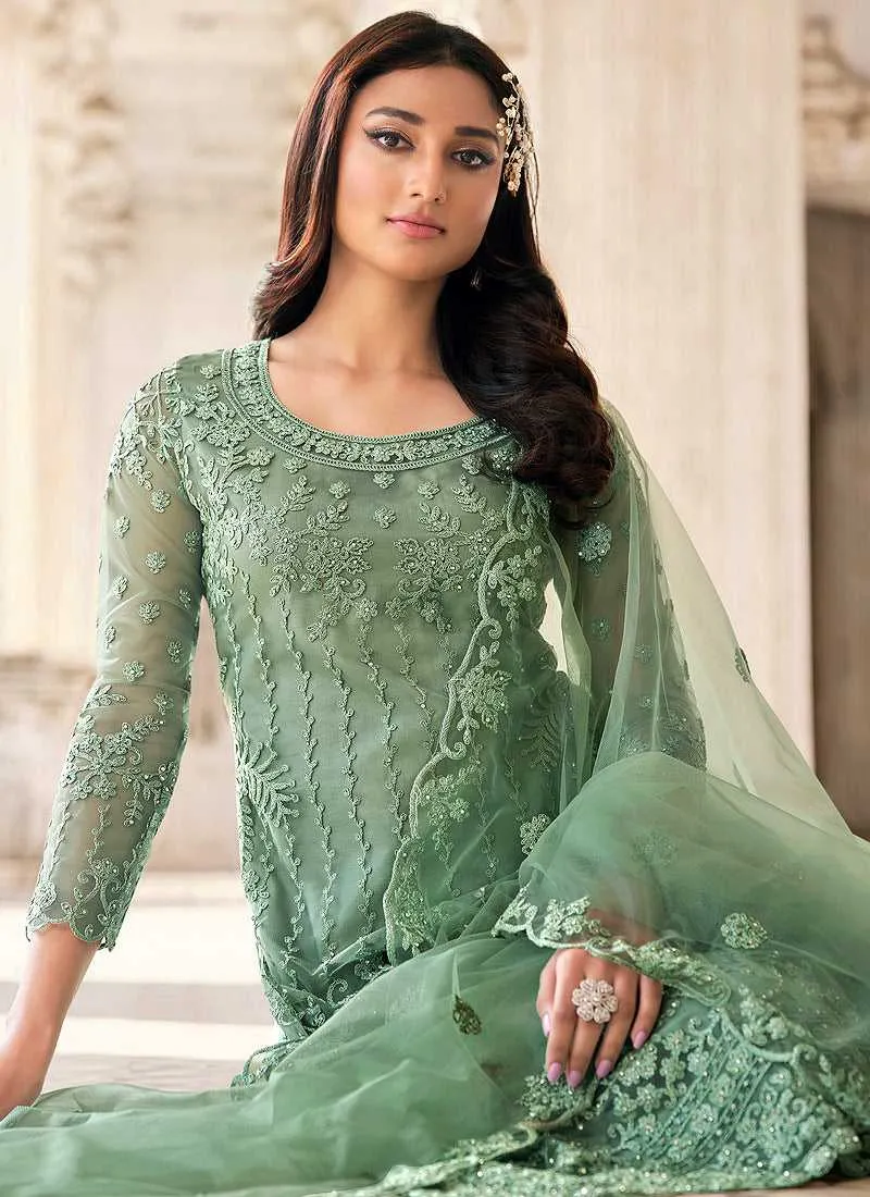 Green Heavy Embroidered Stylish Palazzo Suit